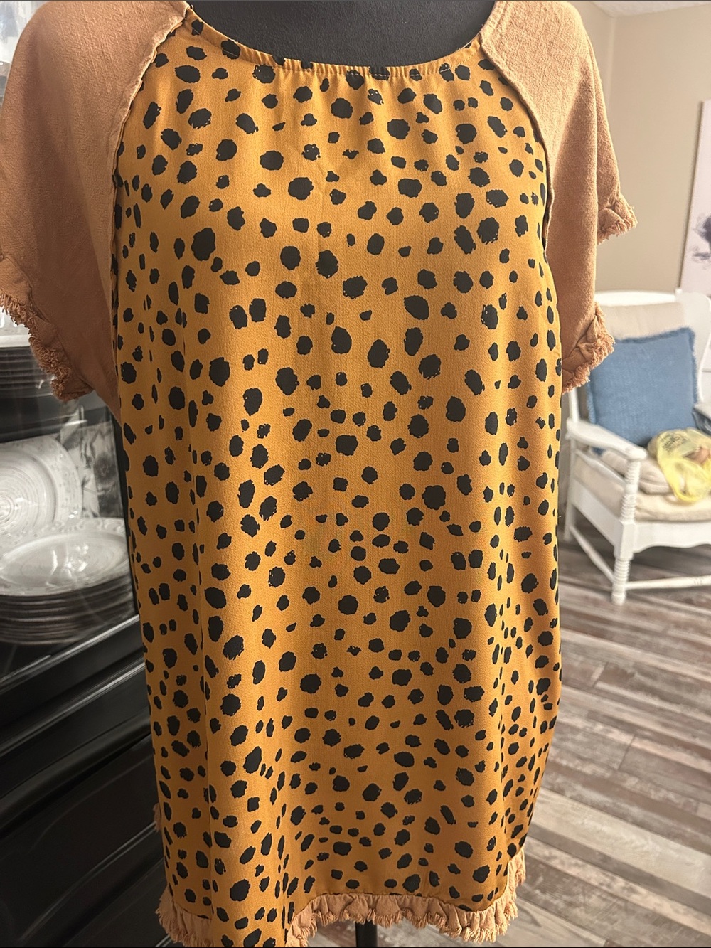 Umgee Mustard Yellow and Black Leopard Print Raglan Top